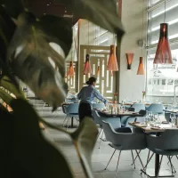 woman in front on brown dining table and chairs inside building